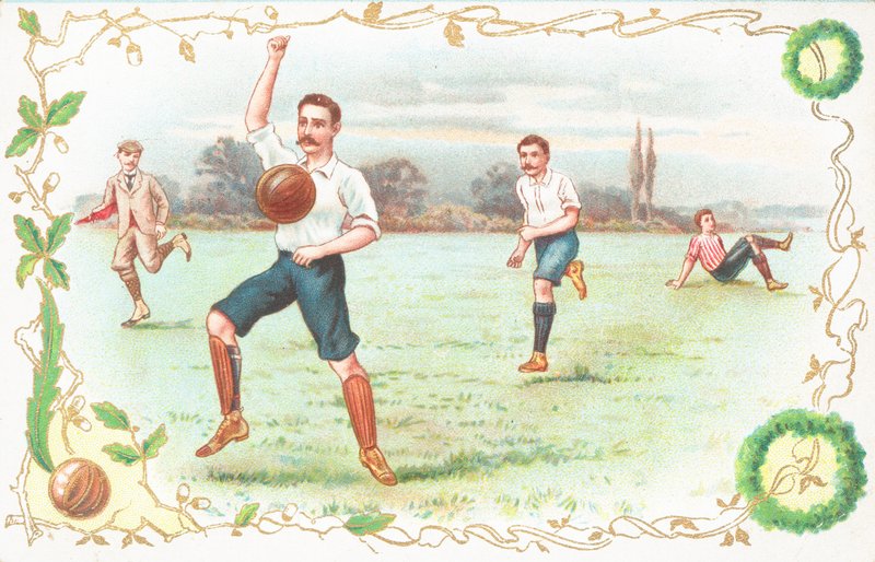 Cartão postal com os homens jogando futebol de English School