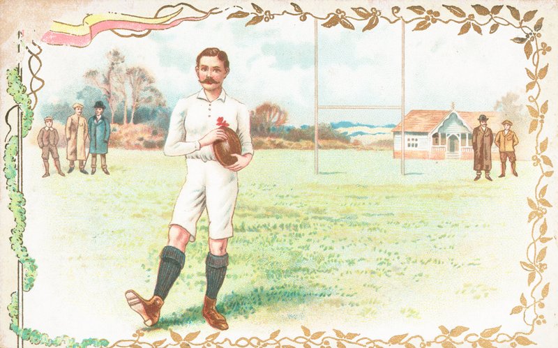 Cartão postal com homens jogando rugby de English School