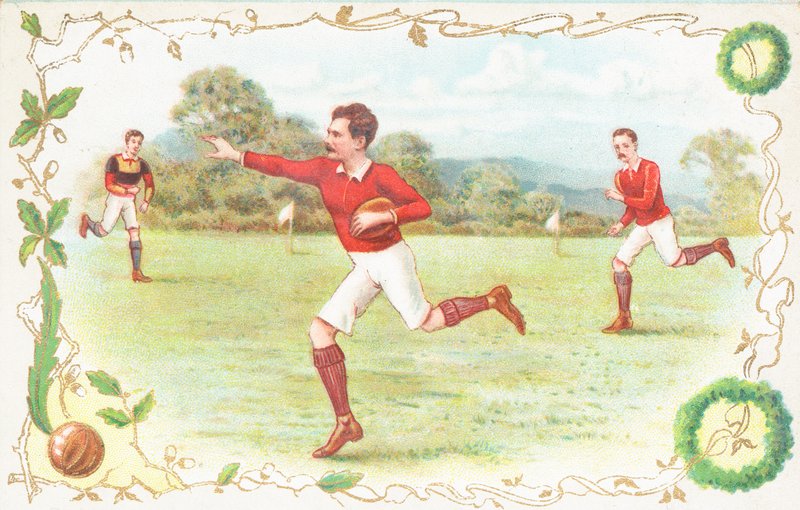 Cartão postal com homens jogando rugby de English School