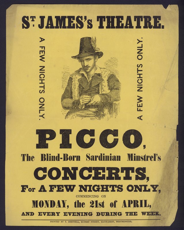 Concertos publicitários em cartazes de Picco, um Menestrel Sardo cego no St James