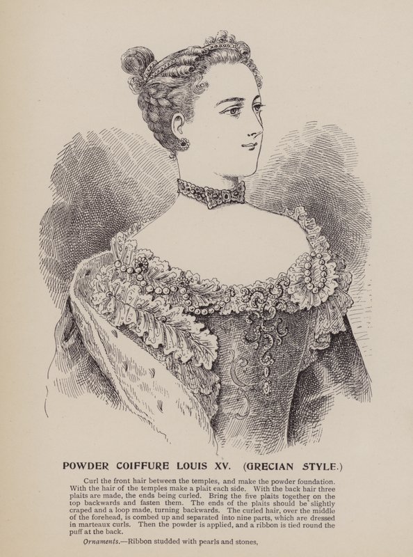 Penteado Luís XV, estilo grego (gravura) de English School