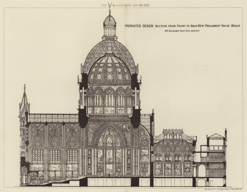 Design Prévio, Seção da Frente para Trás Novo Parlamento de Berlim (gravura) de English School