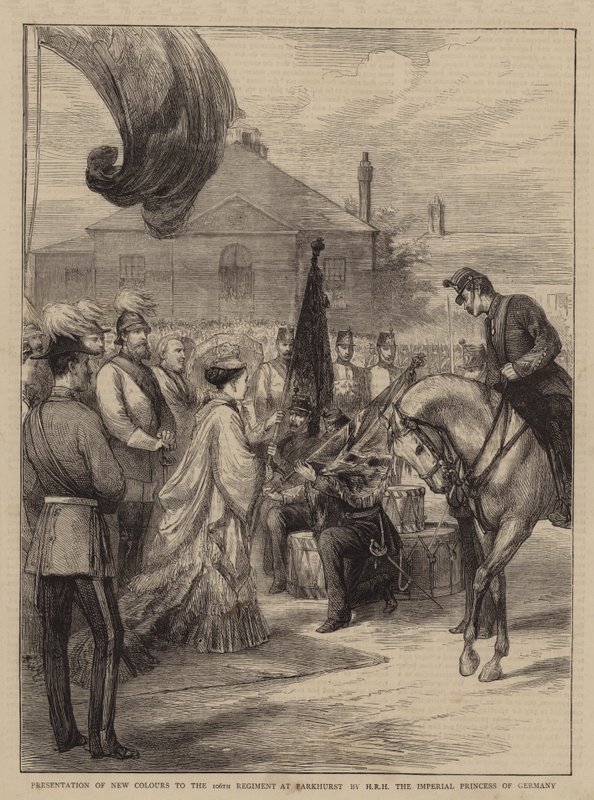 Apresentação de Novas Cores ao 106º Regimento em Parkhurst por HRH a Princesa Imperial da Alemanha (gravura) de English School