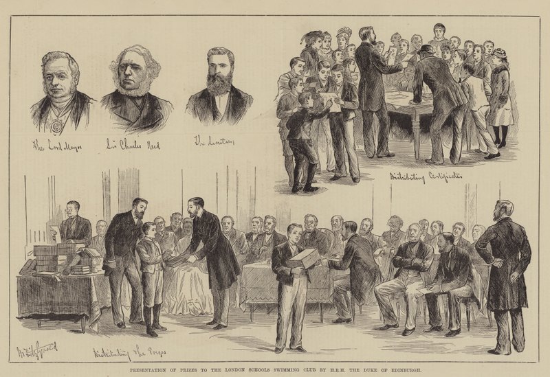 Apresentação de Prémios ao Clube de Natação das Escolas de Londres por HRH o Duque de Edimburgo (gravura) de English School