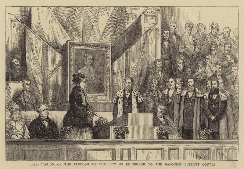 Apresentação da Liberdade da Cidade de Edimburgo à Baronesa Burdett Coutts (gravura) de English School
