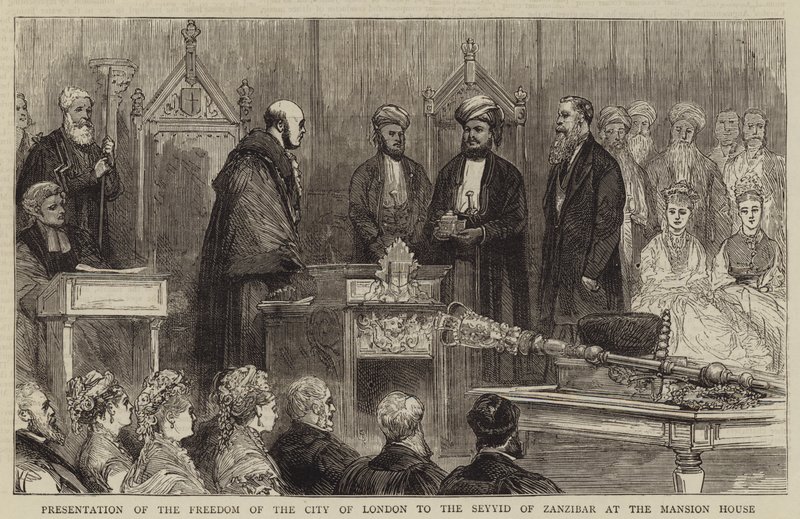 Apresentação da Liberdade da Cidade de Londres ao Seyyid de Zanzibar na Mansion House (gravura) de English School