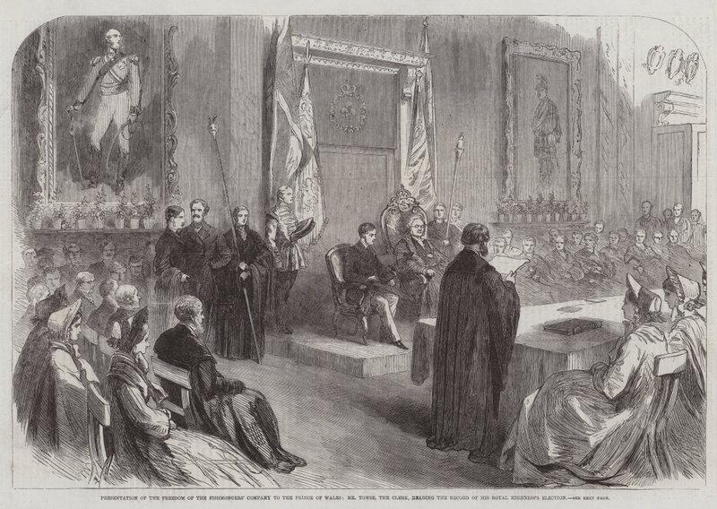 Apresentação da Liberdade da Companhia de Pescadores ao Príncipe de Gales, Sr. Towse, o Escrivão, lendo o Registo das Eleições de Sua Alteza Real (gravura) de English School