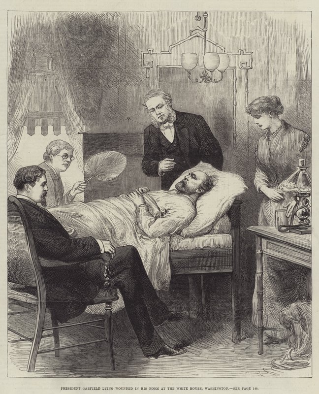 Presidente Garfield deitado ferido em seu quarto na Casa Branca, Washington de English School