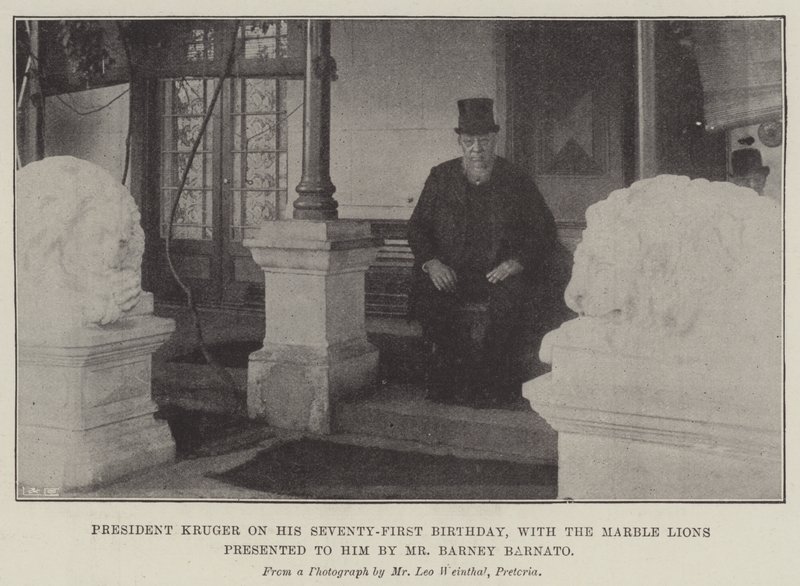 O Presidente Kruger no seu Setenta Primeiro Aniversário, com os Leões de Mármore apresentados pelo Sr. Barney Barnato (gravura) de English School