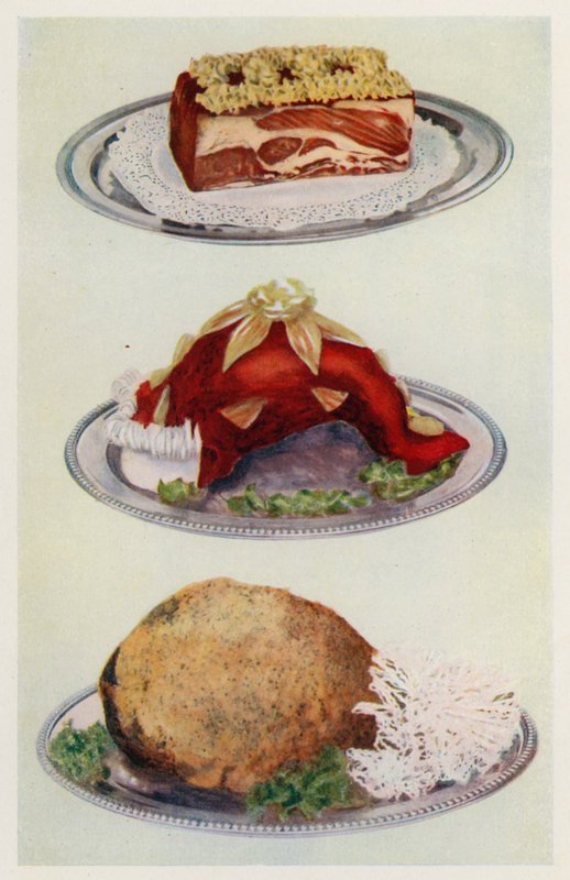 Carne de vaca prensada; Língua de boi glaceada; Presunto cozido (litografia a cores) de English School