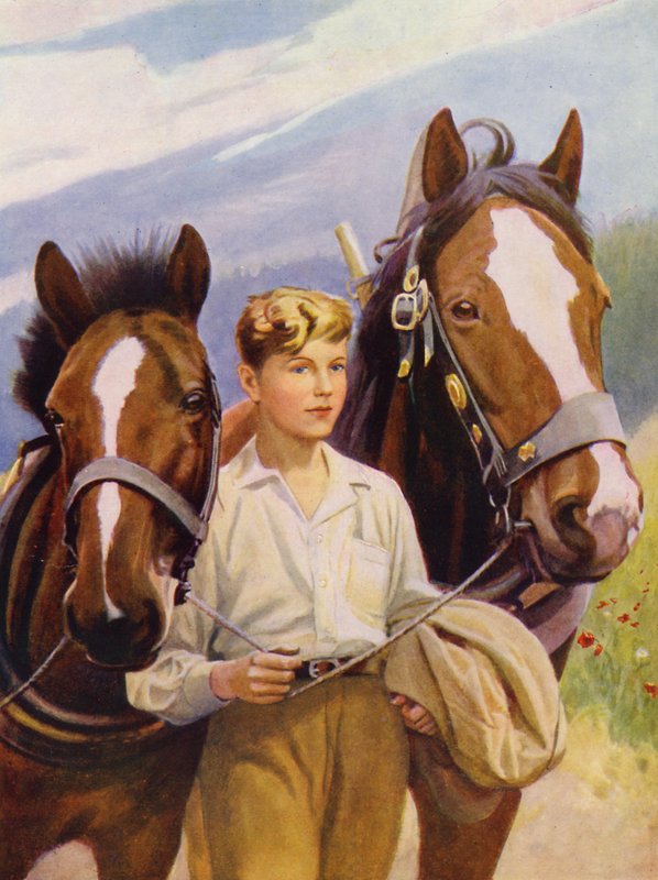 Moça bonita do estábulo, com cabelo curto, a conduzir dois cavalos (litografia a cores) de English School