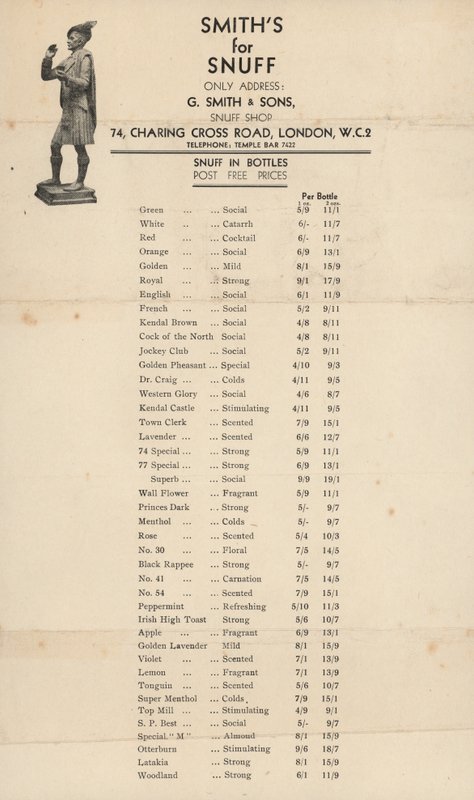Lista de preços para G Smith & Sons, Snuff Shop de English School
