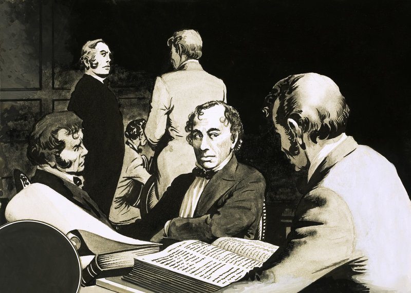 O primeiro-ministro Benjamin Disraeli confere com seus colegas conservadores de English School
