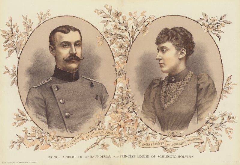 Príncipe Aribert de Anhalt-Dessau e Princesa Louise de Schleswig-Holstein (chromolitho) de English School