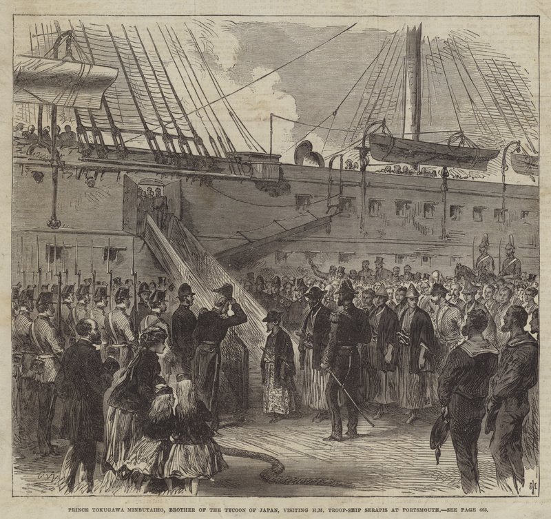 Príncipe Tokugawa Minbutaiho, Irmão do Tycoon do Japão, em visita à HM Troop-Ship Serapis em Portsmouth (gravura) de English School