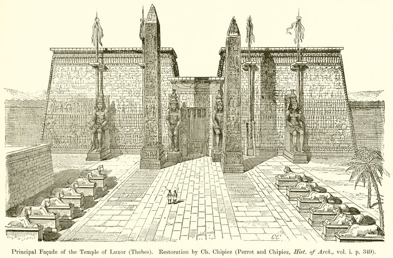 Fachada Principal do Templo de Luxor (Tebas). Restauração por Ch. Chipiez (Perrot e Chipiez, Hist. De Arch., Vol. Ip 349) de English School