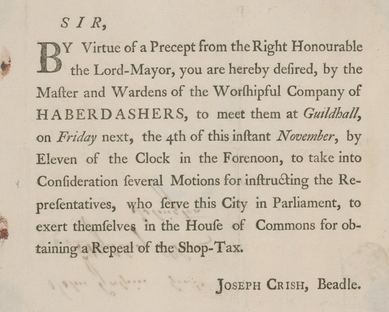 Carta impressa de Joseph Crish, Beadle of Guildhall, Londres de English School