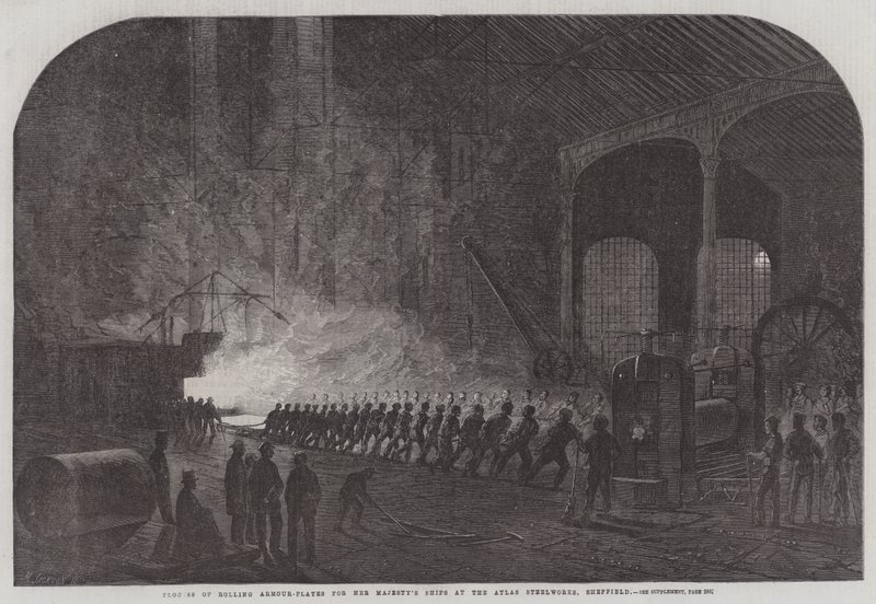 Processo de Laminação de Blindados para os Navios de Sua Majestade na Atlas Steelworks, Sheffield (gravura) de English School