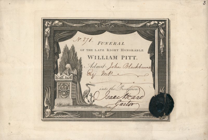 Bilhete de admissão de procissão ao funeral de William Pitt de English School