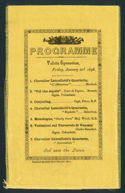 Programa para o Ginásio de Valletta, 3 de janeiro de 1896 (impresso) de English School
