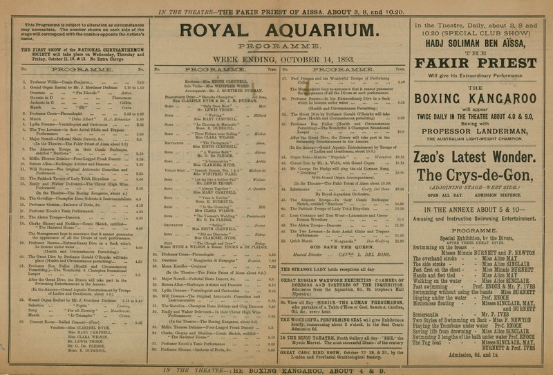 Programa de eventos no Royal Aquarium de English School