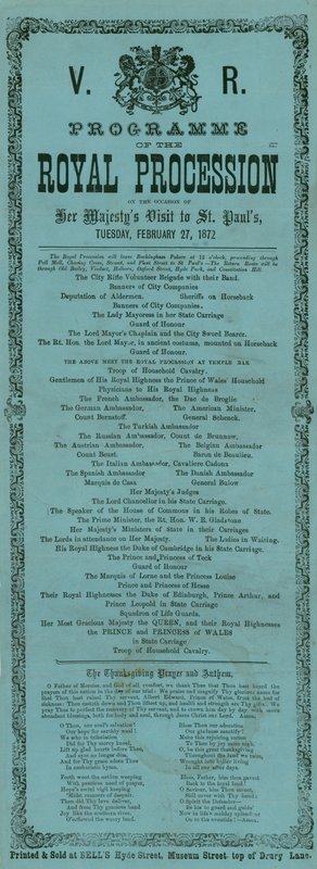 Programa da Procissão Real, por ocasião da visita de Sua Majestade à Catedral de São Paulo, em Londres, em 27 de fevereiro de 1872 de English School