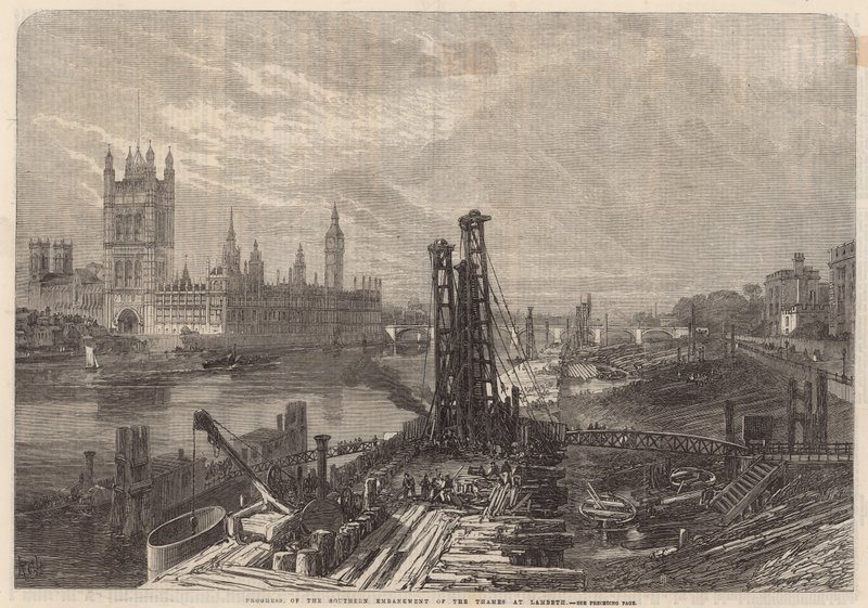 Progresso do dique sul do rio Tâmisa em Lambeth de English School