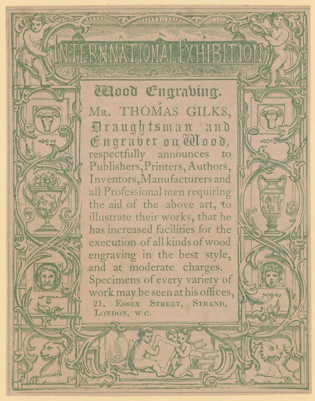 Cartão promocional para Thomas Gilks, desenhista e gravador em madeira de English School