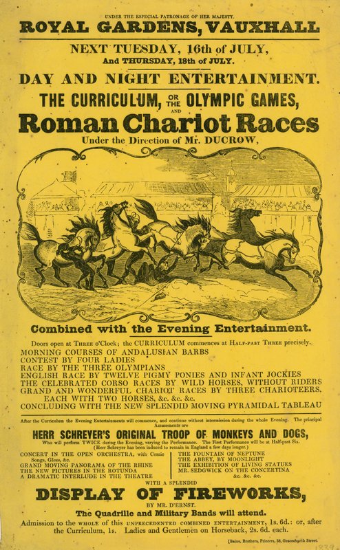 Folheto promocional para o currículo; ou, os Jogos Olímpicos e a Corrida de Carruagem Romana no Royal Gardens, Vauxhall, Londres de English School