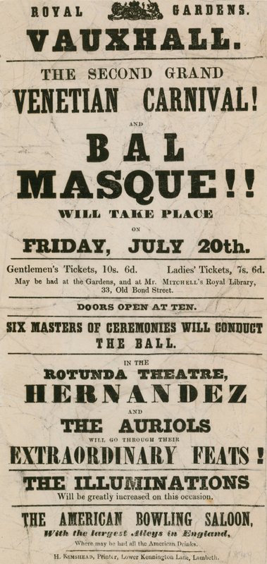 Folheto promocional para o segundo grande carnaval veneziano e Bal Masque em Royal Gardens, Vauxhall, Londres de English School