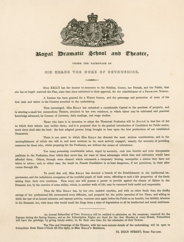 Carta promocional para a Escola e Teatro Dramático Real, 73 Dean Street, Soho Square, Londres de English School