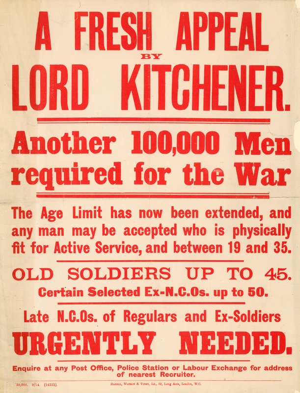 Cartaz promocional apelando para 100.000 homens para serem voluntários para o serviço na guerra de English School