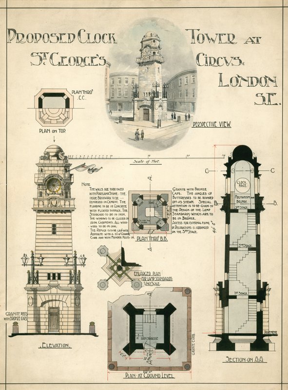 Proposta de Torre do Relógio em St Georges Circus, Londres SE (tinta no papel) de English School