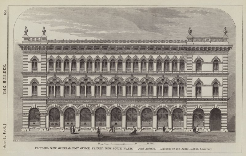 Proposta New General Post Office, Sydney, New South Wales, Flank Elevation, projetada pelo Sr. James Barnet, Arquiteto (gravura) de English School