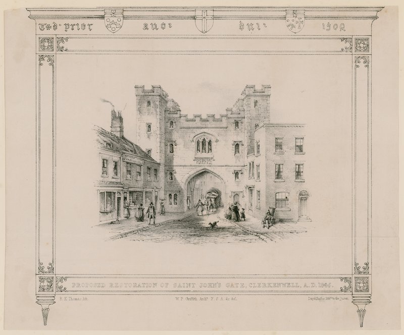 Proposta de restauração do Portão de São João, Clerkenwell, 1845 de English School