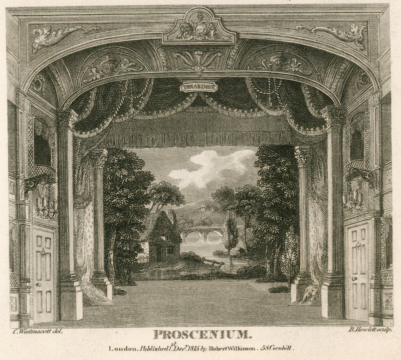 Proscenium do teatro dos direitos, bem rua, Wellclose Square, Londres de English School