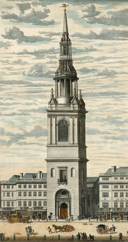 Perspectiva de Bow Church e Steeple em Cheapside, Londres de English School