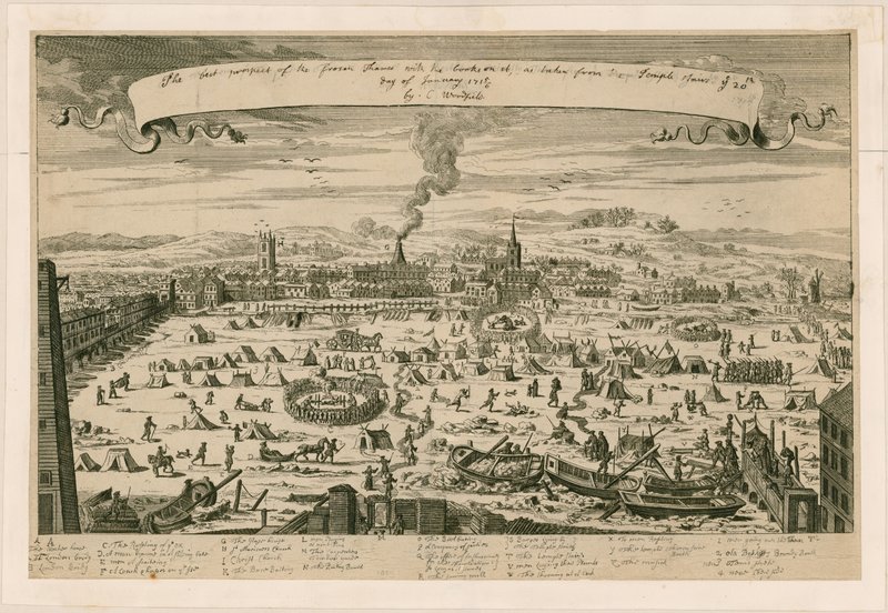 Perspectiva do Tâmisa congelado, tirada das escadas do Templo em 20 de janeiro de 1715 de English School