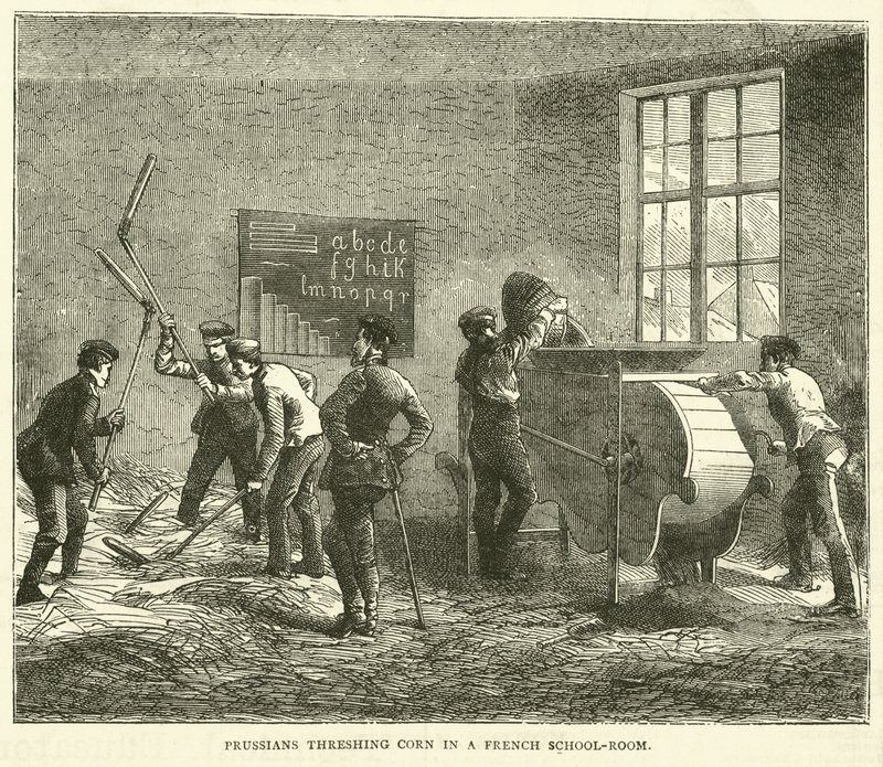Prussianos debulhando milho em uma escola francesa em setembro de 1870 de English School