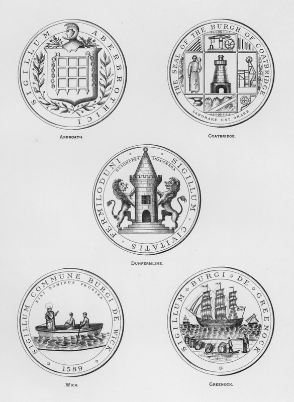 Armas públicas: Arbroath; Coatbridge; Dunfermline; Wick; Greenock (gravura) de English School