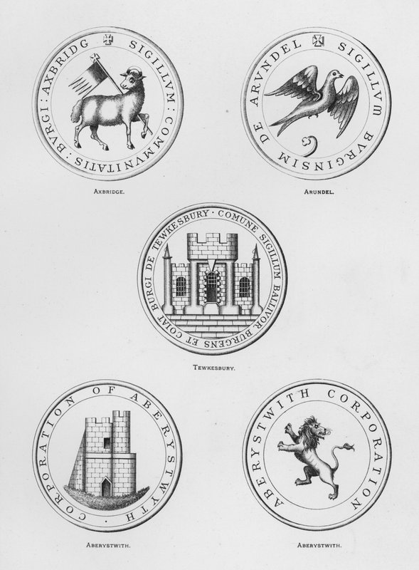 Armas públicas: Axbridge; Arundel; Tewkesbury; Aberystwith (gravura) de English School