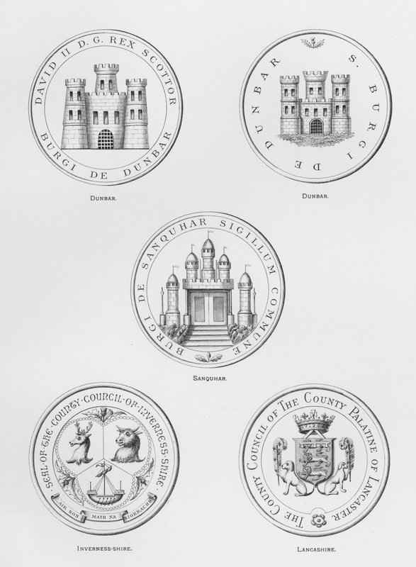 Armas públicas: Dunbar; Sanquhar; Inverness-shire; Lancashire (gravura) de English School