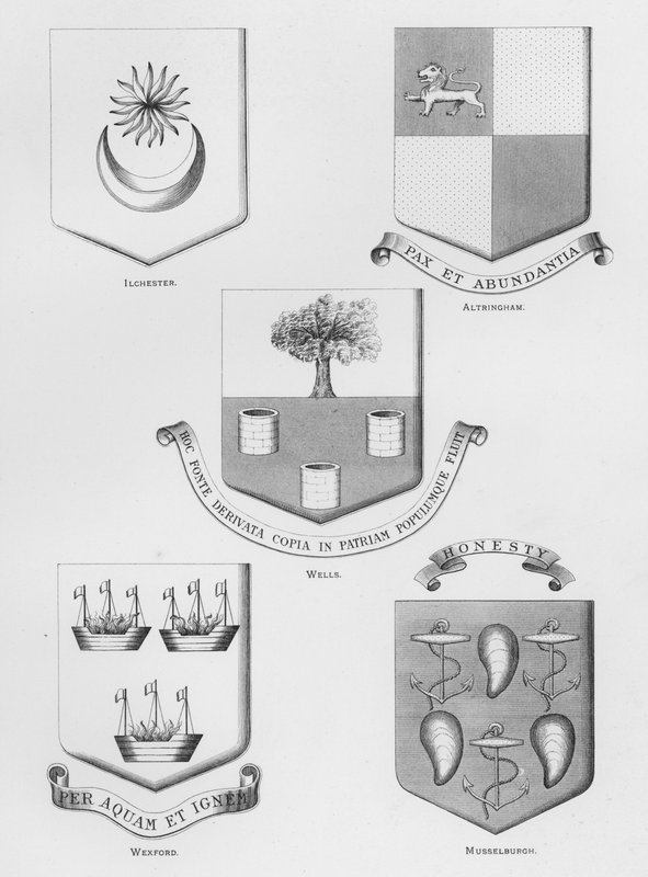Armas públicas: Ilchester; Altringham; Wells; Wexford; Musselburgh (gravura) de English School