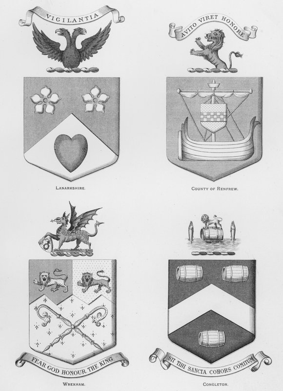 Armas públicas: Lanarkshire; Condado de Renfrew; Wrexham; Congleton (gravura) de English School