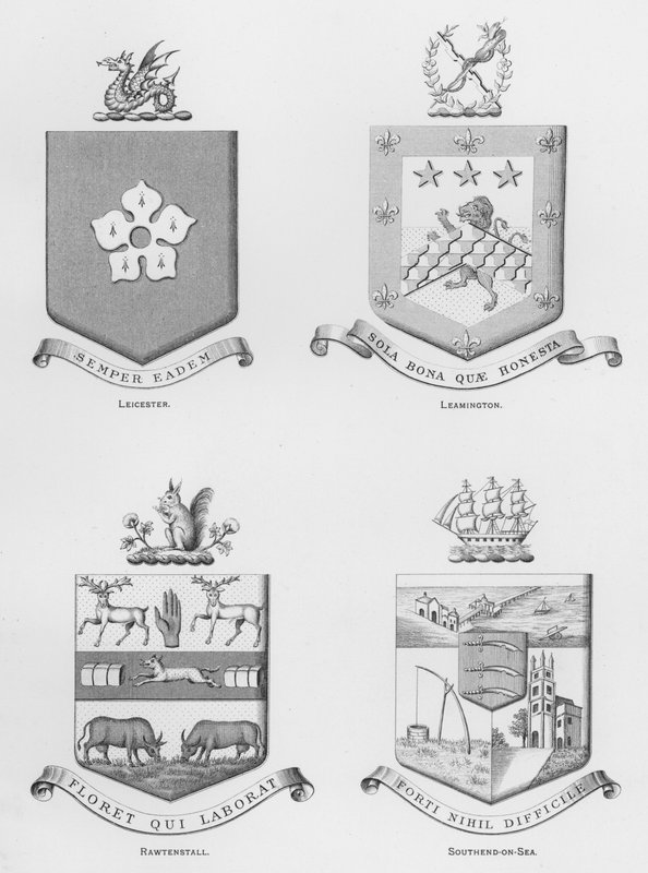 Armas públicas: Leicester; Leamington; Rawtenstall; Southend-on-Sea (gravura) de English School