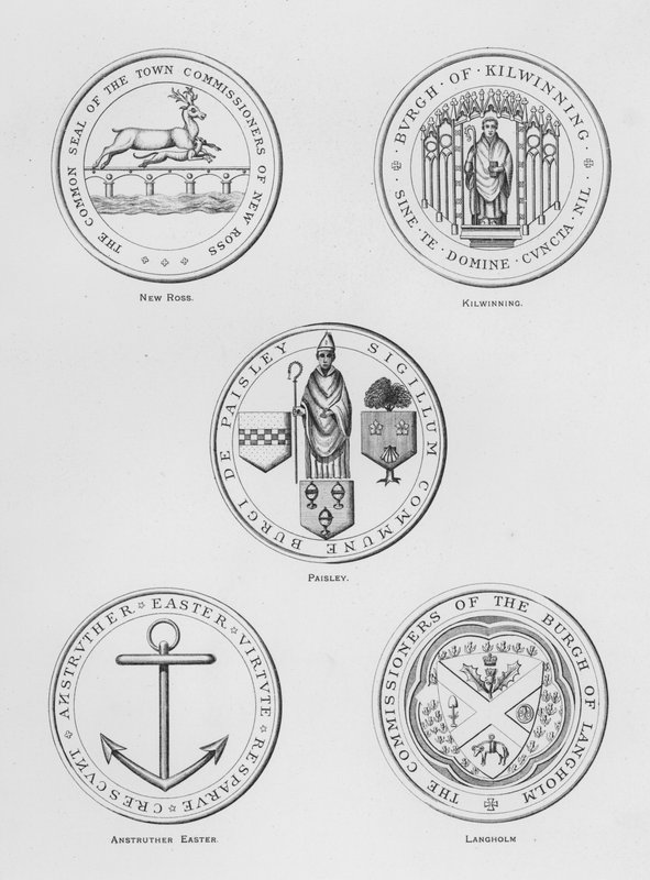 Armas públicas: New Ross; Kilwinning; Paisley; Anstruther Easter; Langholm (gravura) de English School