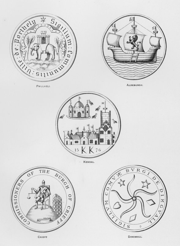 Armas públicas: Pwllheli; Aldeburgh; Kendal; Crieff; Dingwall (gravura) de English School