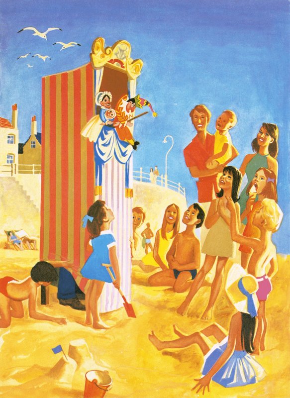 Punch e Judy mostram na praia de English School