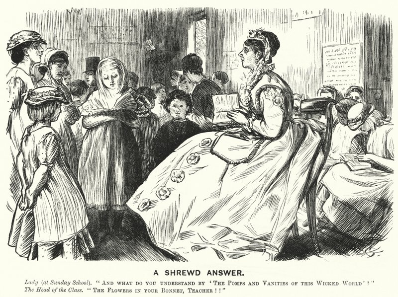 Soco cartoon: A Shrewd Asnwer - Cena da escola dominical vitoriana (gravura) de English School