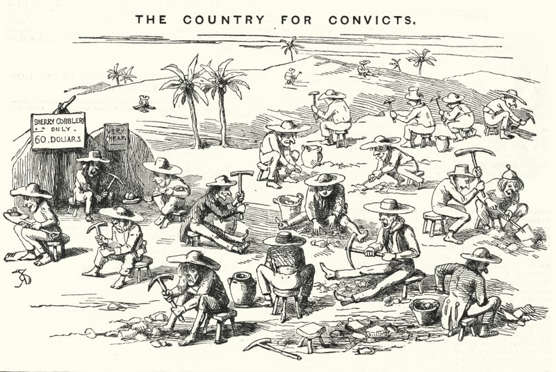 Soco cartoon: California, The Country for Convicts (gravura) de English School